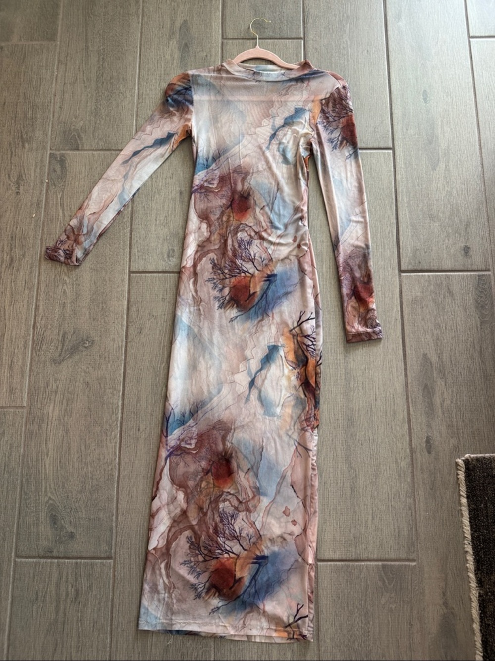 Long Sleeve Abstract Print MaxiDress in Brown & Blue Mesh - Picture 3 of 10